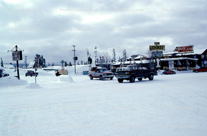 The Gusher, Pickup Trucks, snow, ice, cold, winter, buildings, shops