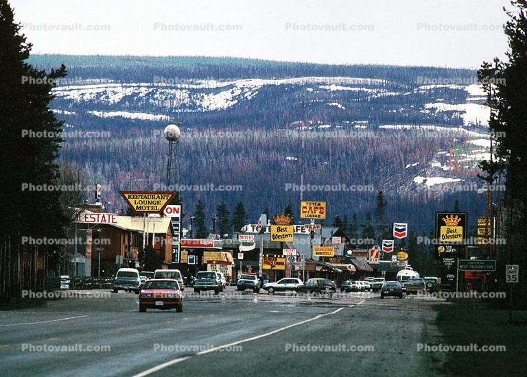 West Yellowstone, town, signs, motel, cars, automobiles, vehicles