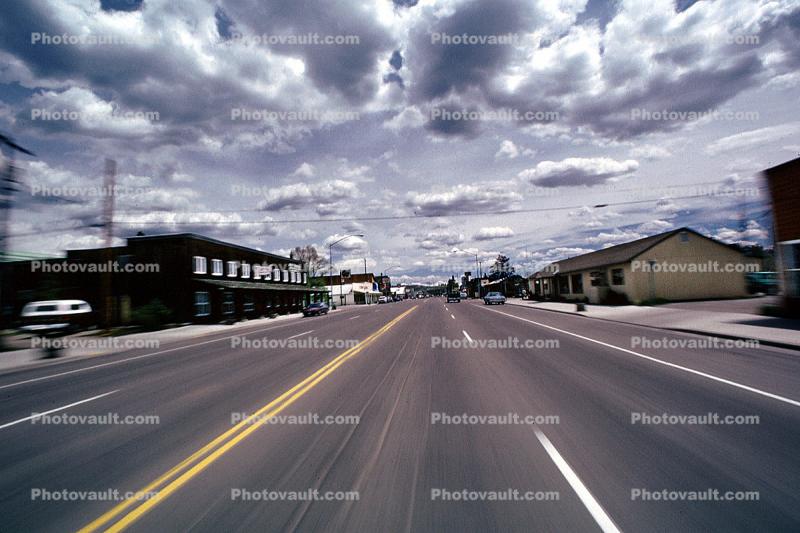 Road, Clouds, Vanishing Point, town, motel