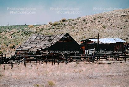 decaying Barn, building, house, fence, decay, hill, rural