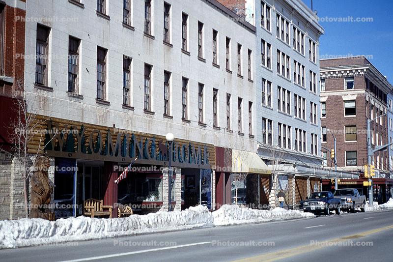 Downtown, snow, buildings, stores, shops, Cheyenne