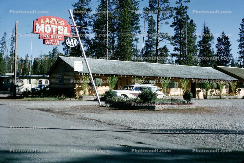 Lazy-G Motel, Station Wagon, Log Cabins, West Yellowstone, Montana, AAA, August 1965, 1960s