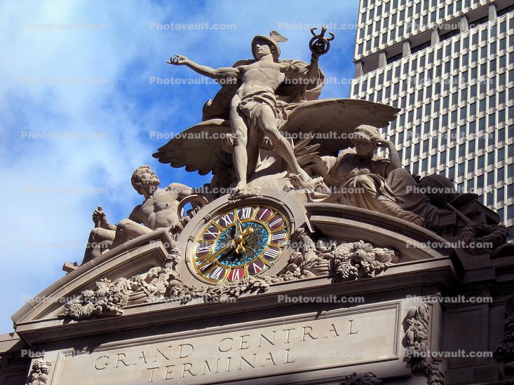 Grand Central Terminal, statue, Mercury, Winged God, Clock, Sculpture, wings, Midtown Manhattan, caduceus, outdoor clock, outside, exterior, building, roman numerals