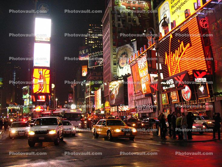 Times Square, Cars, Neon Lights, Billboards, Traffic