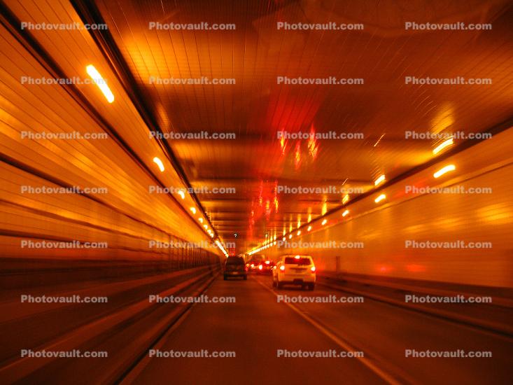 Holland Tunnel, Cars, Roadway, sodium vapor lights