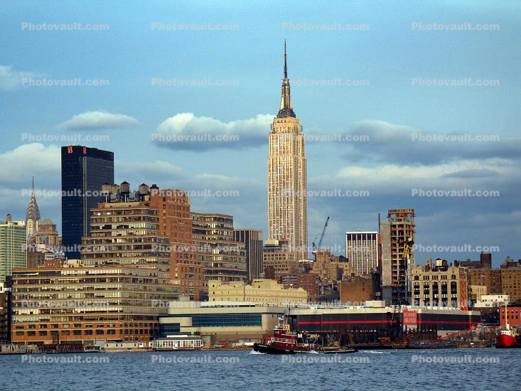 Moran Tugboat, docks, shoreline, Empire State Building