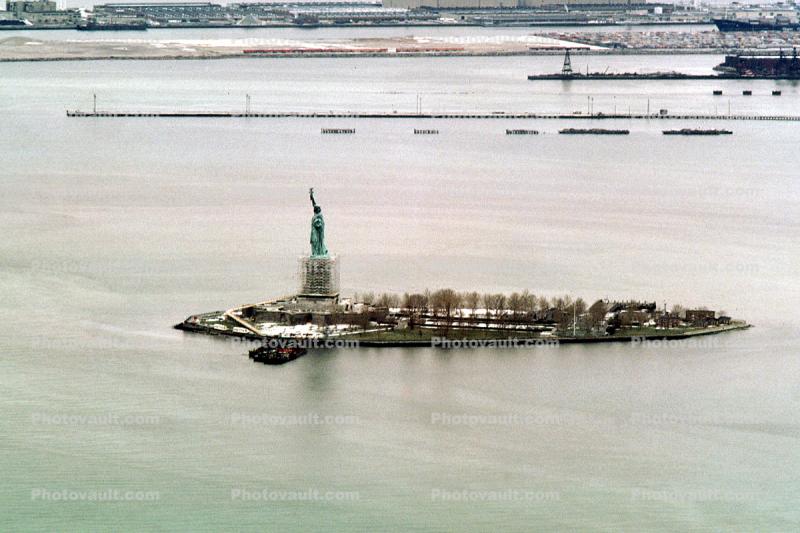 Snowy Statue Of Liberty, New Jersey Docks
