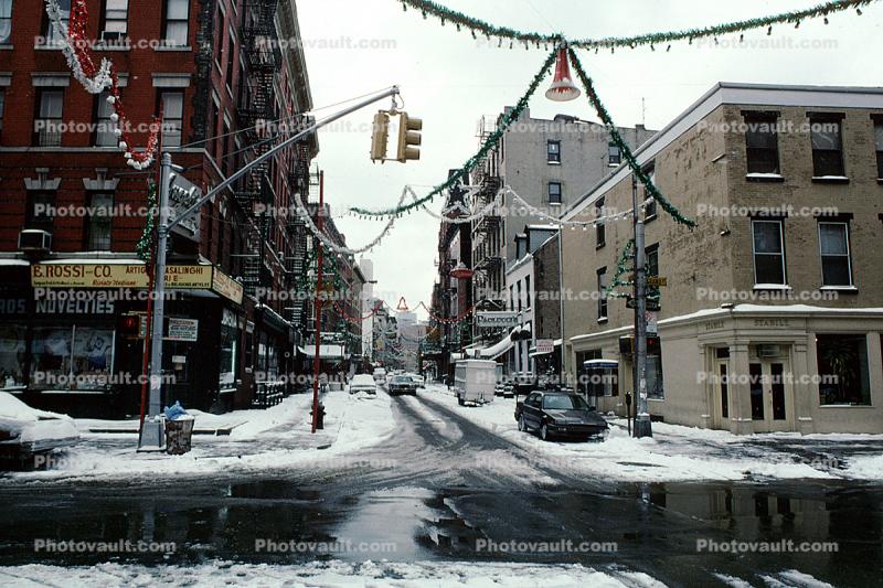 intersection, snowy wet streets, Little Italy, winter, wintertime