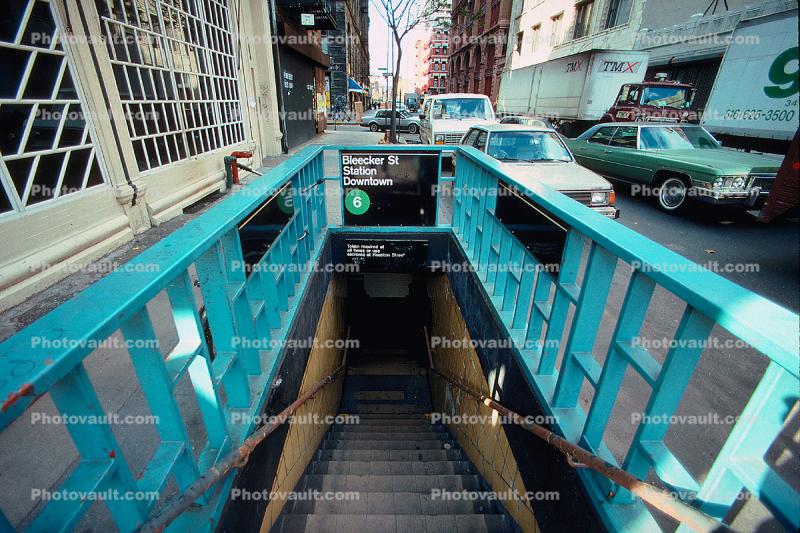 Bleeker Street Subway, stairs, cars, Automobiles, Vehicles, 27 November 1989