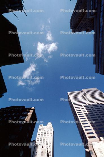 Buildings, Canyons of Manhattan, looking up, looking-up, Midtown Manhattan, 30 November 1989