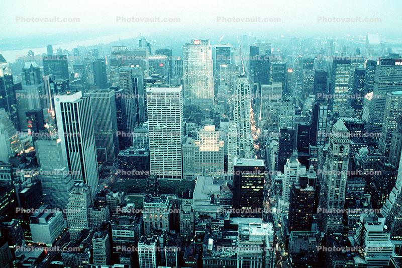 Cityscape, skyline, skyscrapers, buildings, dusk, evening, 7 June 1990