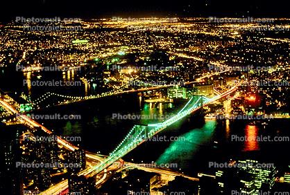 Cityscape, skyline, skyscrapers, buildings, evening, night, nighttime, East River, Brooklyn, Outdoors, Outside, Exterior, East-River