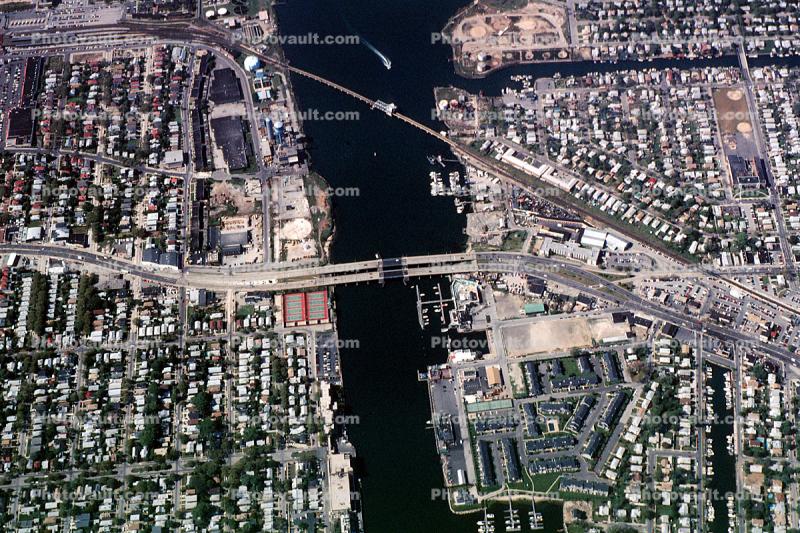 Long Beach Blvd Bridge, Railroad Point, Island Park, Urban Texture, homes, houses, buildings, docks, pier, uptown, Bronze