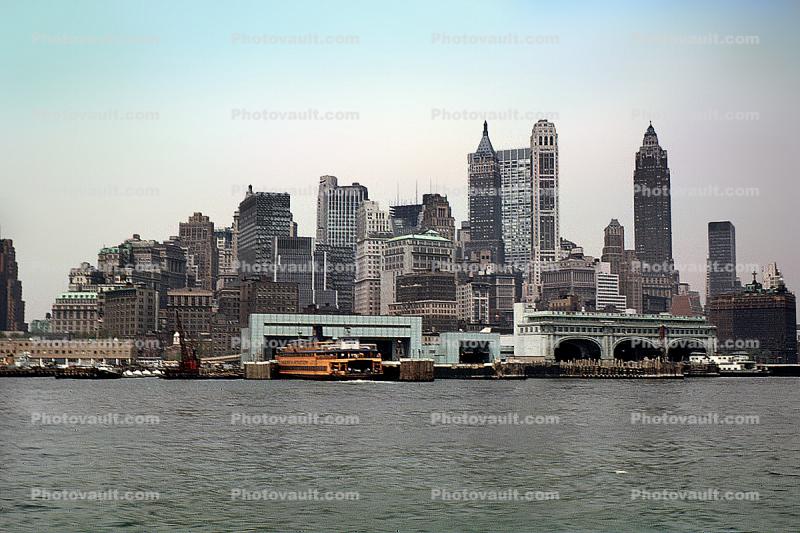 Staten Island Ferry, Piers, Docks, buildings, skyline, cityscape, downtown Manhattan, 1966, 1960s