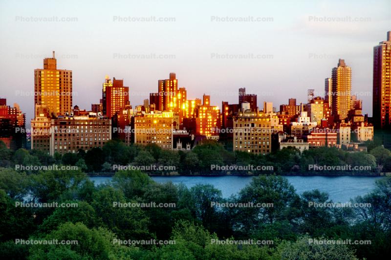 Skyscrapers, Buildings, Central Park, lake, summertime, summer, trees, Manhattan