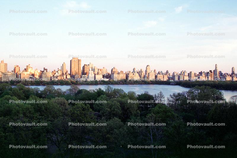 Skyscrapers, Buildings, Central Park, lake, summertime, summer, trees, Manhattan
