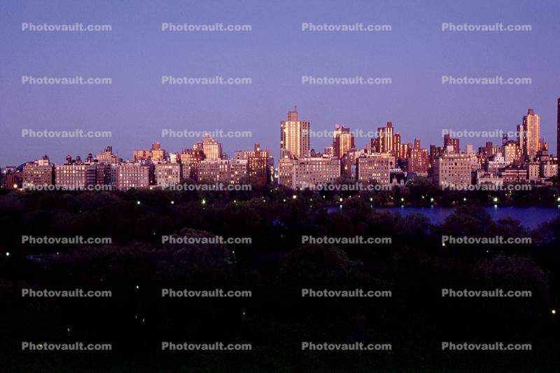 Skyscrapers, Buildings, Central Park, lake, summertime, summer, trees, evening, nighttime, Manhattan