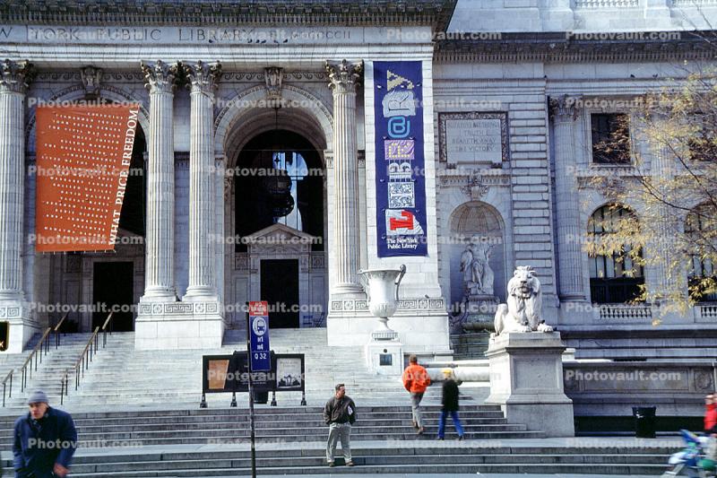 New York City Main Library, steps, statue, Manhattan