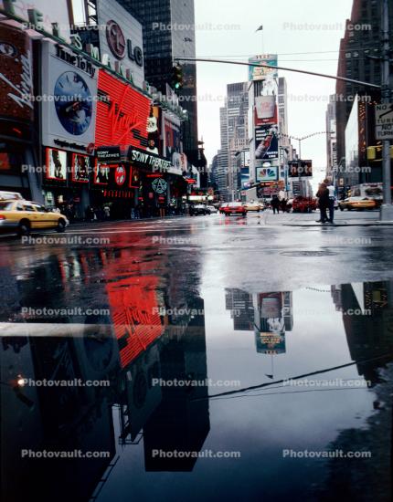 water puddle, reflection, Street, Rain, Times Square, rainy, wet, autumn, evening