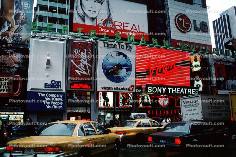 Sony Theatre, Times Square, Taxi Cab, Street, Rain, Times Square, rainy, wet, autumn, evening, stores, shops, buildings, 1997