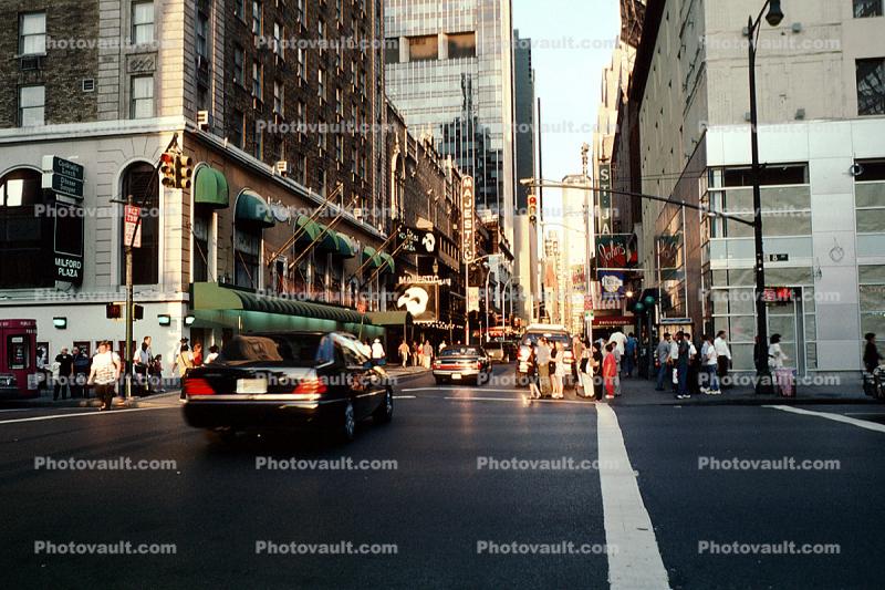 Buildings, cars, crosswalk, stores, Cityscape, Manhattan, 28 October 1997