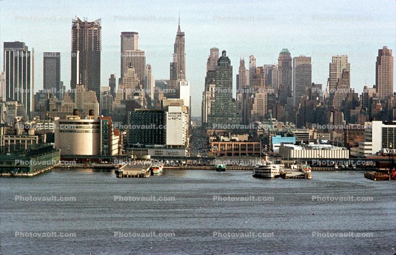Docks, waterfront, piers, midtown Manhattan, Cityscape, Skyline, Building, Skyscrapers, December 1970, 1970s