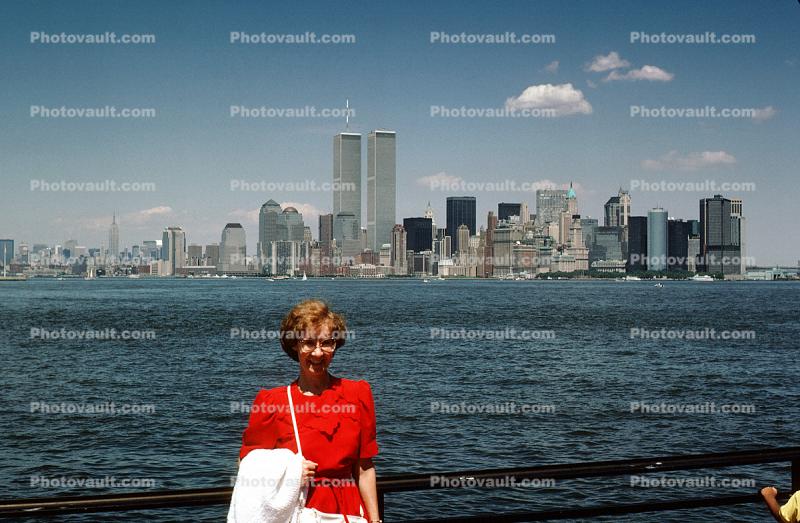 Woman, World Trade Center, New York City, summer, Cityscape, Skyline, Buildings, Skyscrapers, July 1989, 1980s