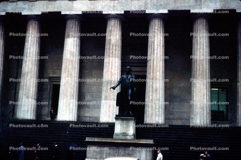 George Washington Statue, Federal Hall National Memorial, Wall Street, Downtown Manhattan, famous landmark, September 1965, 1960s