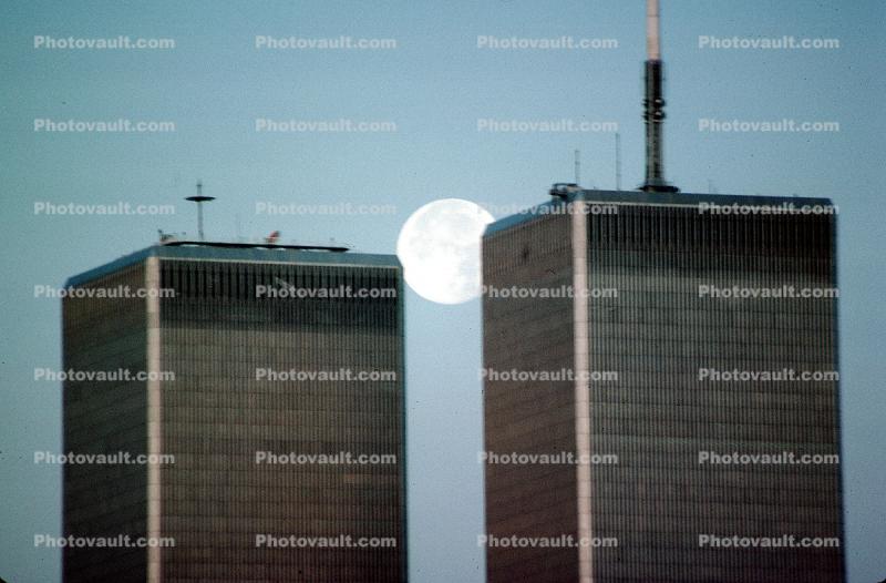 The Moon between the World Trade Center Twin Towers, New York City, July 1984