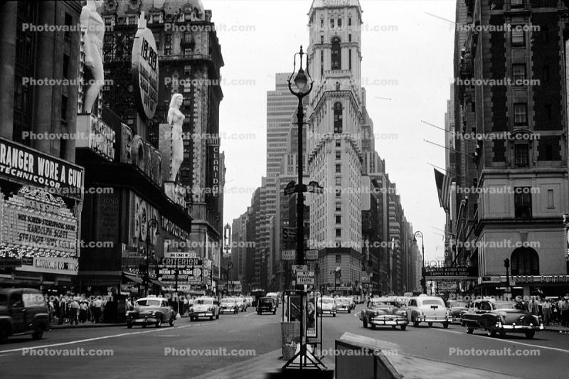 Broadway Street, Times Square, cars, traffic, summer, vehicles, automobiles, 1953, 1950s