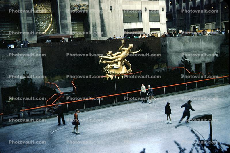 Ice Skating, Statue, Rockefeller Center, December 1952, 1950s