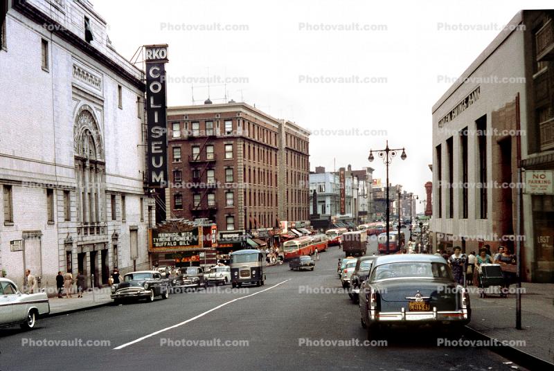 RKO Coliseum, Harlem Savings Bank, cars, building, buses, 1950s