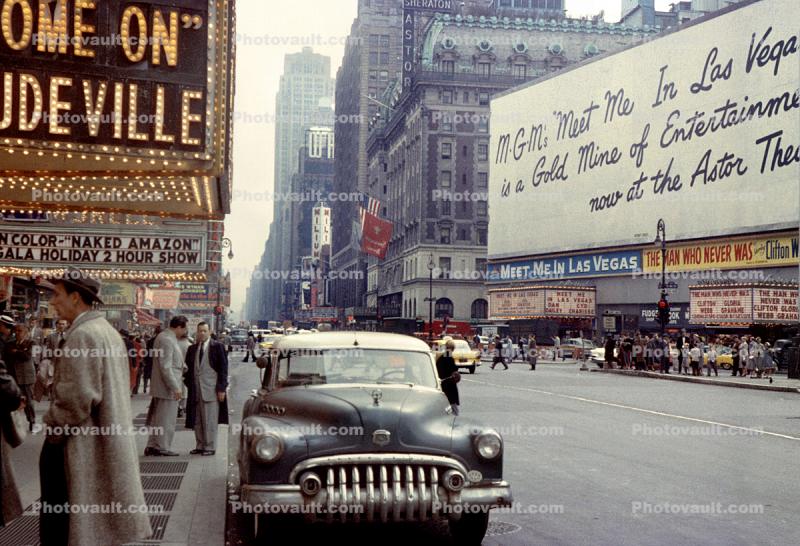 1950 Buick Roadmaster, building, Meet Me in Las Vegas, Theater, Times Square, 1950s