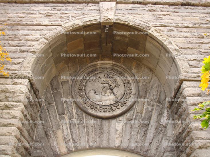 Arch, medallion, canoe, bricks, keystone, This is the Original Arch Entrance to the Adams Station hydroelectric power plant, City of Niagara Falls