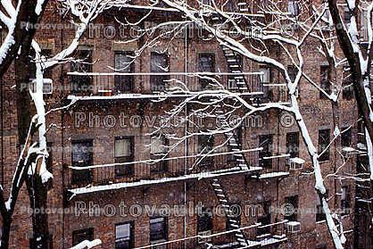firestairs, snow, ice, cold, balcony, brick building