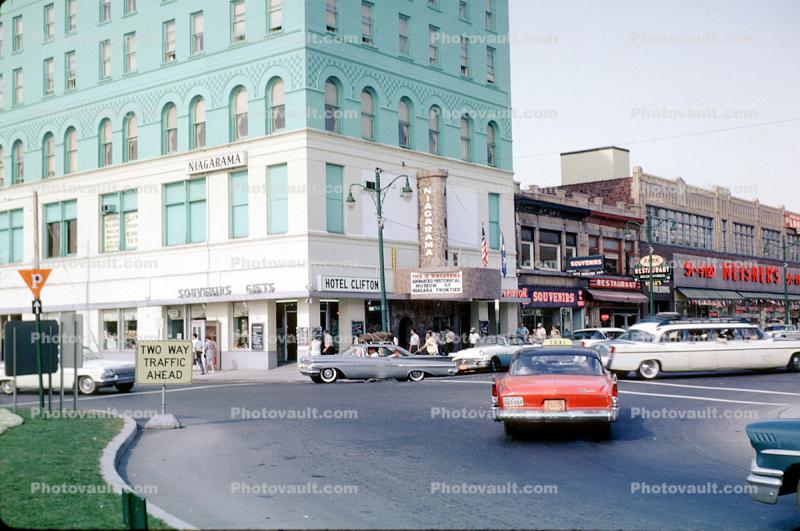 Shops, Stores, buildings, automobile, vehicles, cars, Niagara Falls, 1960s