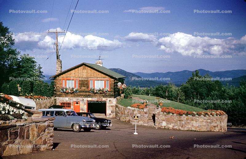 Log Cabin, building, stonewall, cars, automobiles, vehicles, 1950s
