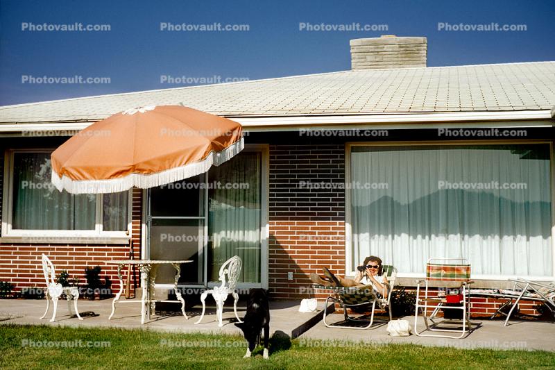 Backyard, Lounge Chair, Patio, Parasol, Umbrella, chimney, summer, summery, home, house, building, 1960, 1960s