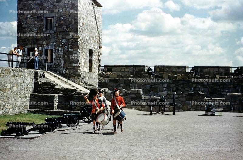 Drum Corps, revolutionary war soldiers, cannons, tower, Fort Ticonderoga