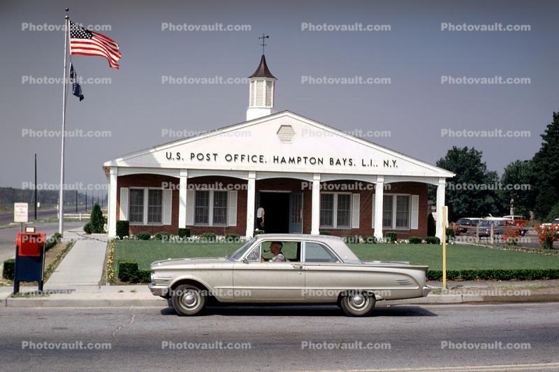 US Post Office, building, 1962 Mercury Comet 2-door sedan, Ford, Hampton Bays, Long Island, NY, cars, automobiles, vehicles, 1960s