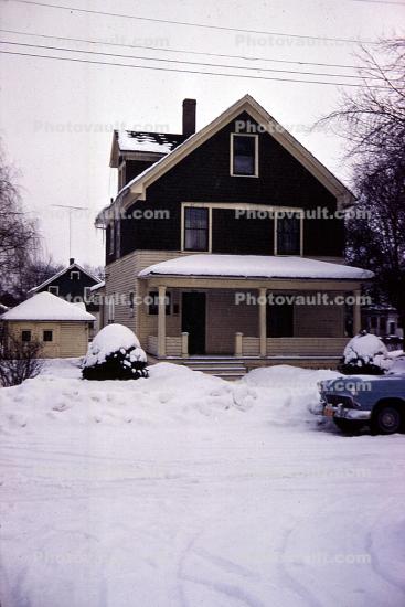car, automobile, home, house, snow, ice, cold, 1950s