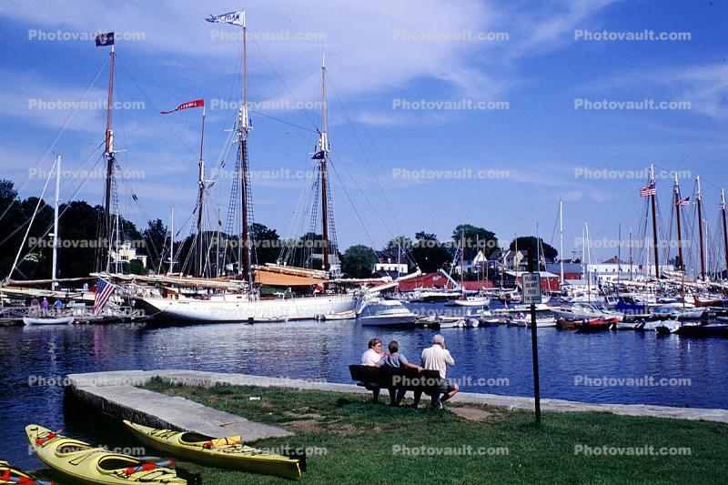 Kayak, boats, docks, bench, coast, Camden, Harbor