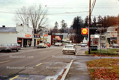 cars, automobile, sedan, Shell Gas Station, Main Street, North Woodstock, New Hampshire, November 1966, 1960s