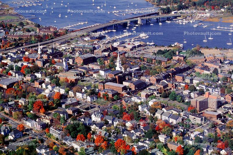 Harbor, downtown, buildings, bridge, docks, Newbury Port, Massachusetts