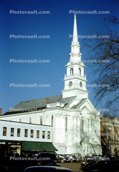 Church Steeple, tower, cars, building, 1940s