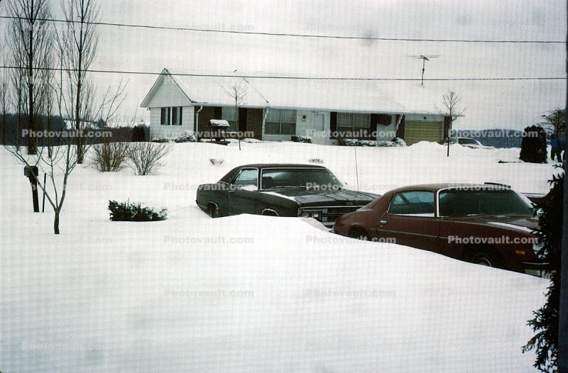 Cars, snowed in, Snow, Cold, Ice, home, house, building, 1970s