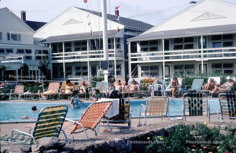 Lounge Chairs, Poolside, Pool, Buildings, Balcony, Martha's Vineyard, Massachusetts, 1960s