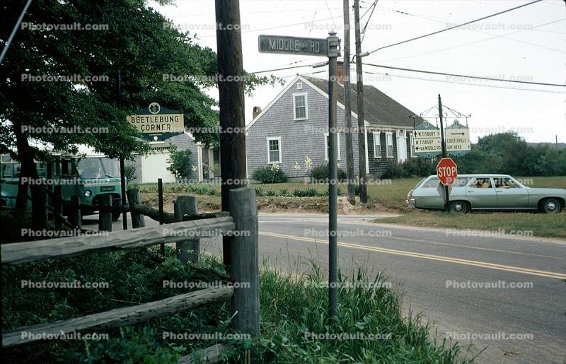 Beetlebung Corner, car, automobile, vehicle, Martha's Vineyard, Massachusetts, July 1971, 1970s