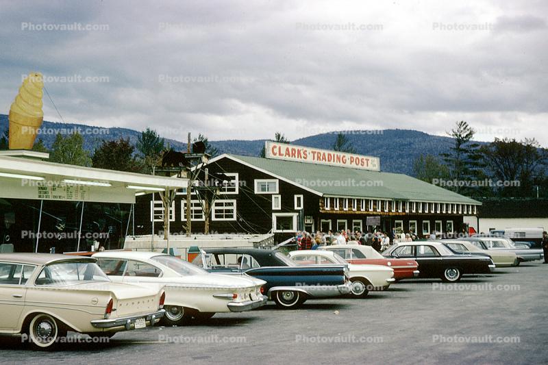 Clark's Trading Post, cars, automobile, vehicles, Lincoln, New Hampshire, September 1965, 1960s