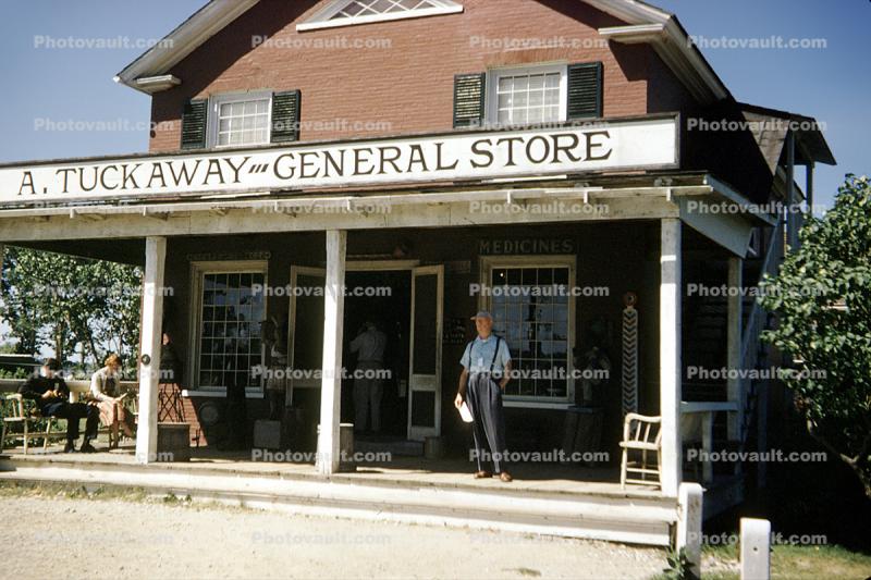 A. Tuckaway General Store, building, porch, Shelburne, July 1957, 1950s